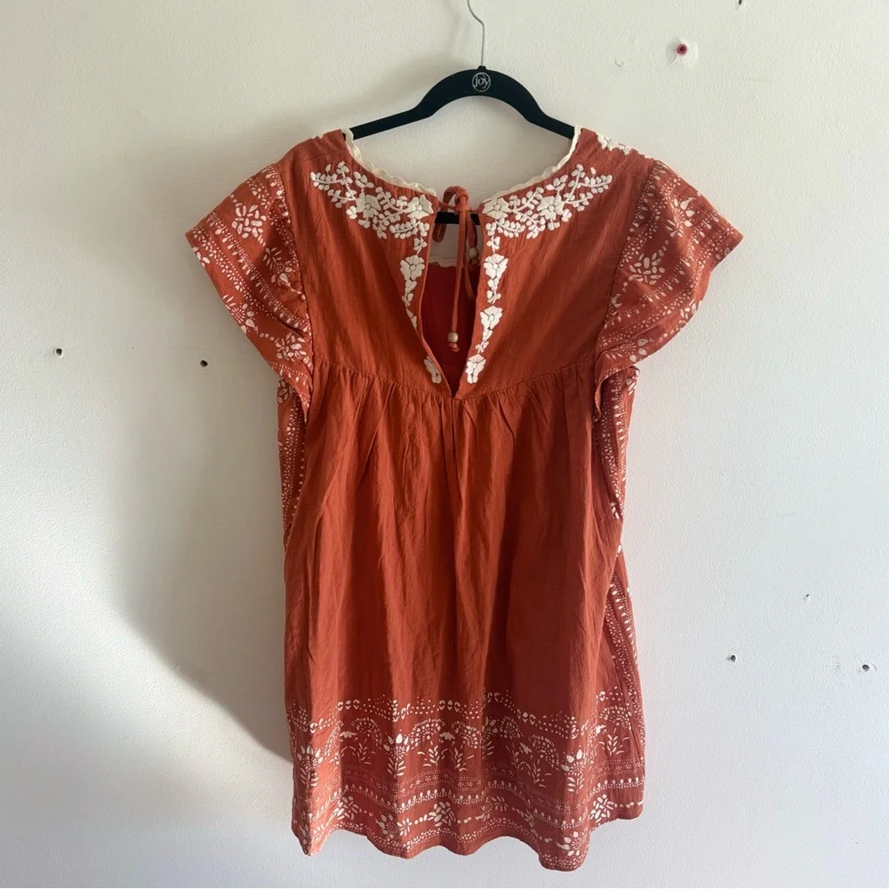 NWT BluIvy Embroidered Rust Boho Mini Dress Peasant Ruffles 100% Cotton Small - Picture 6 of 8
